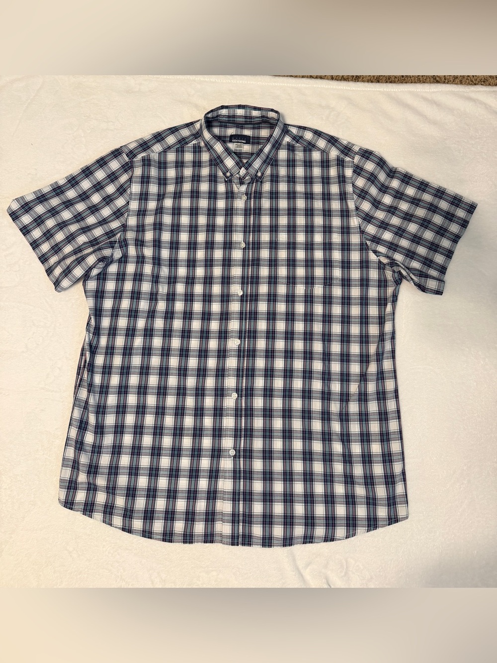 Basic Editions Men’s Short-Sleeve Plaid Button-Down Shirt - Navy & White